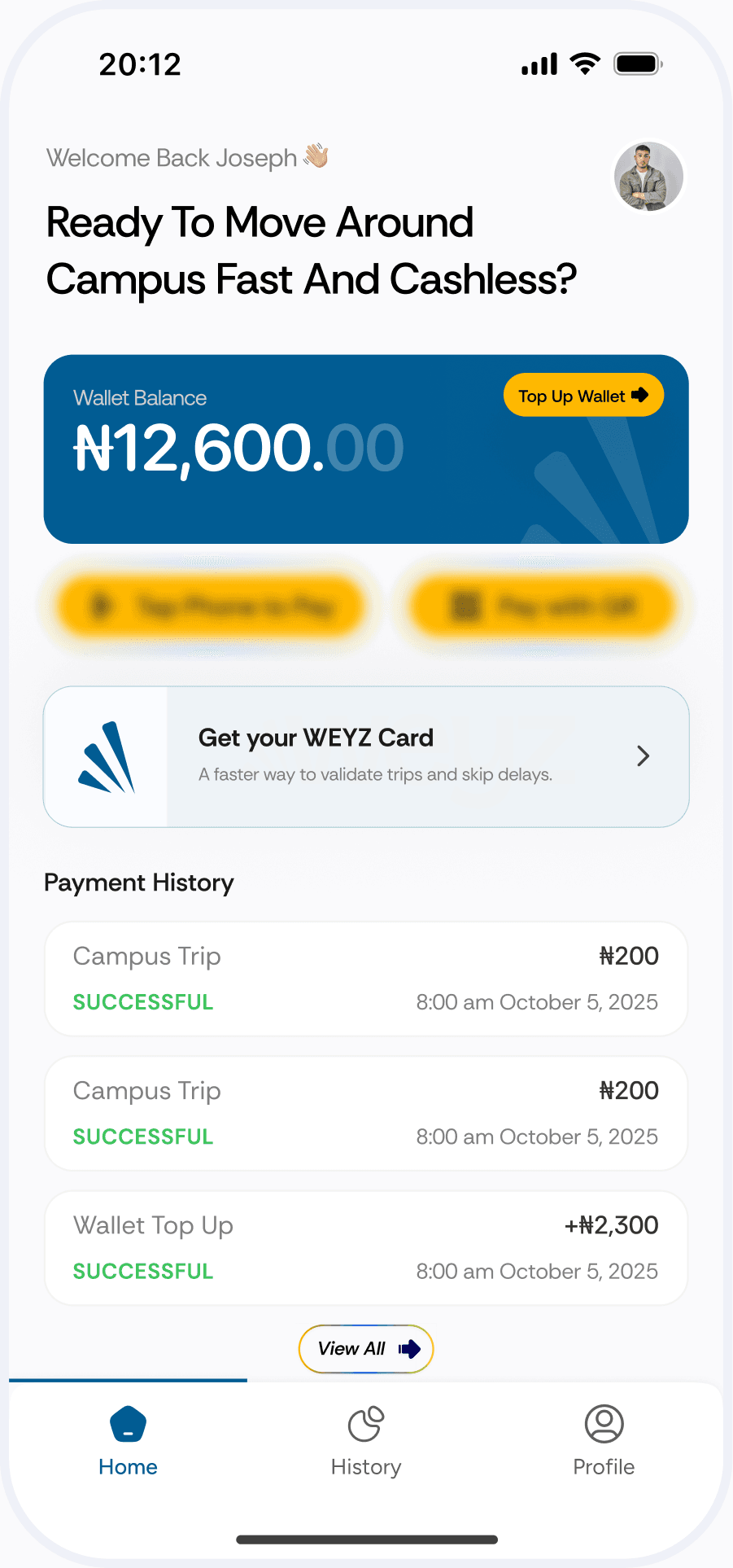 Weyz commuter home screen — wallet balance, tap-to-pay, QR pay, and payment history