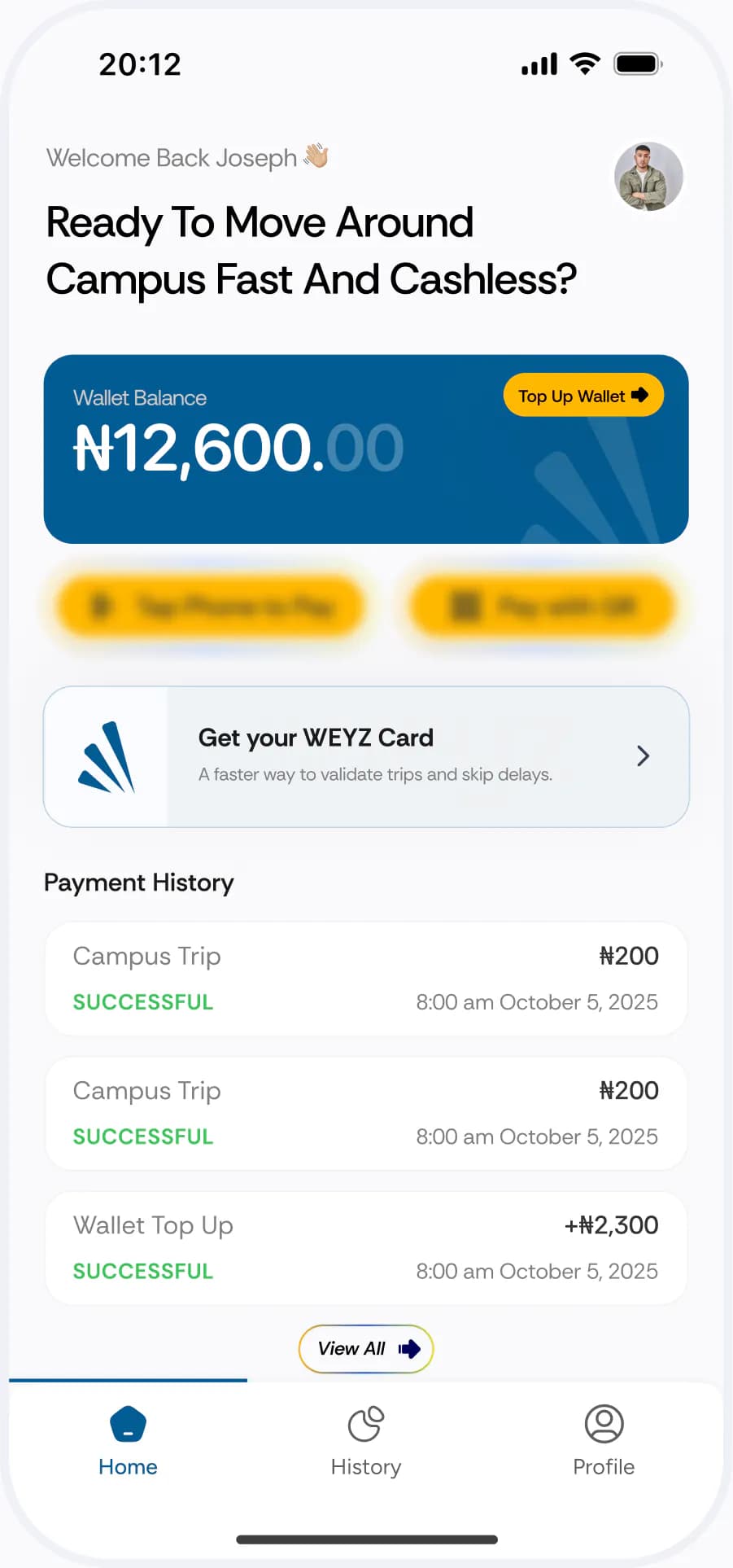 Weyz commuter home screen — wallet balance, tap-to-pay, QR pay, and payment history