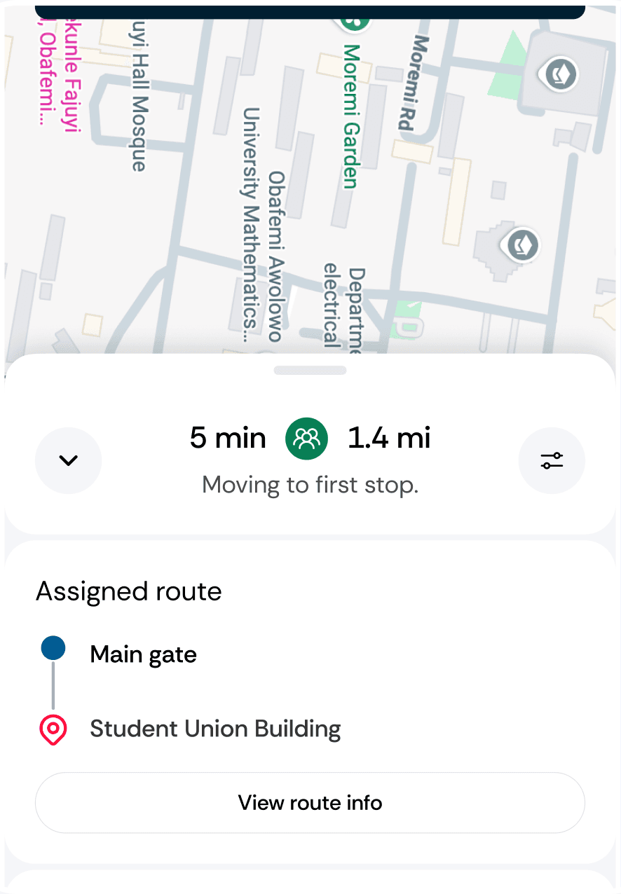 Weyz driver navigation — assigned route from Main gate to Student Union Building
