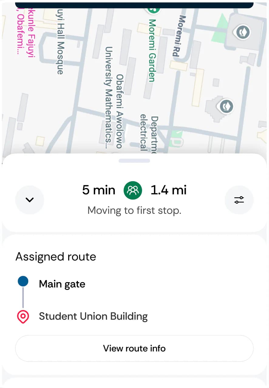 Weyz driver navigation — assigned route from Main gate to Student Union Building
